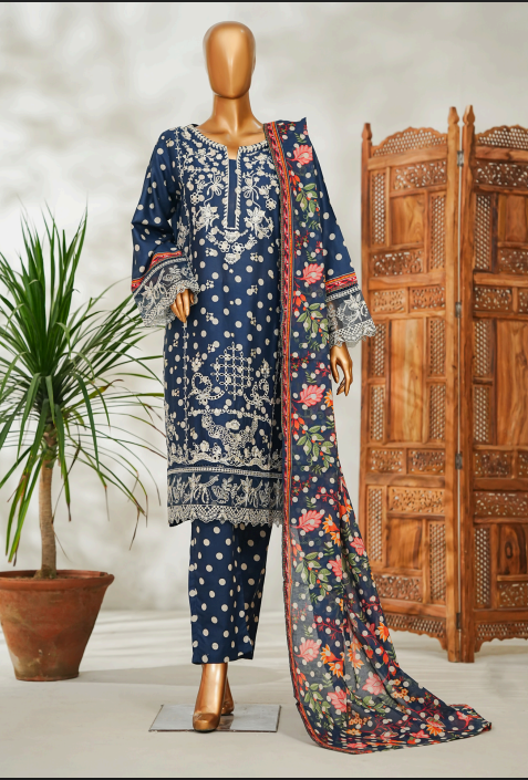 Midnight Blue Printed Lawn Suit with Floral Dupatta