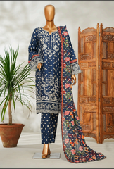 Midnight Blue Printed Lawn Suit with Floral Dupatta