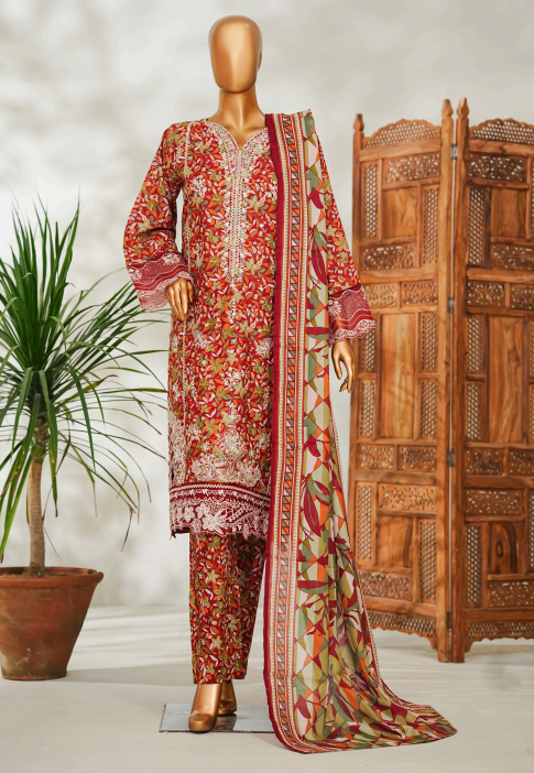 Ruby Red Floral embroided Lawn Suit with Designer Dupatta