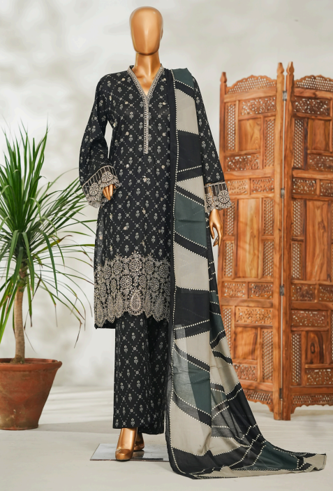 Ramzan Special Black & Ivory Printed 3-Piece Suit