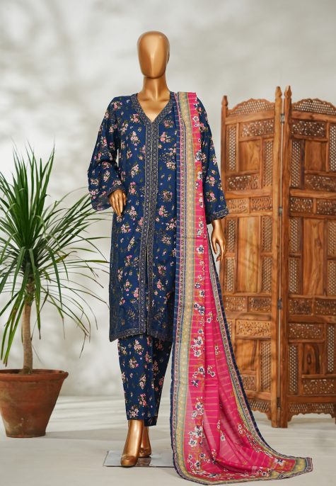 Ramzan Special Navy Blue Floral 3-Piece Suit